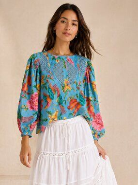 FARM Rio Toucans Lace Inset Balloon Sleeve Cotton Blouse Size XS